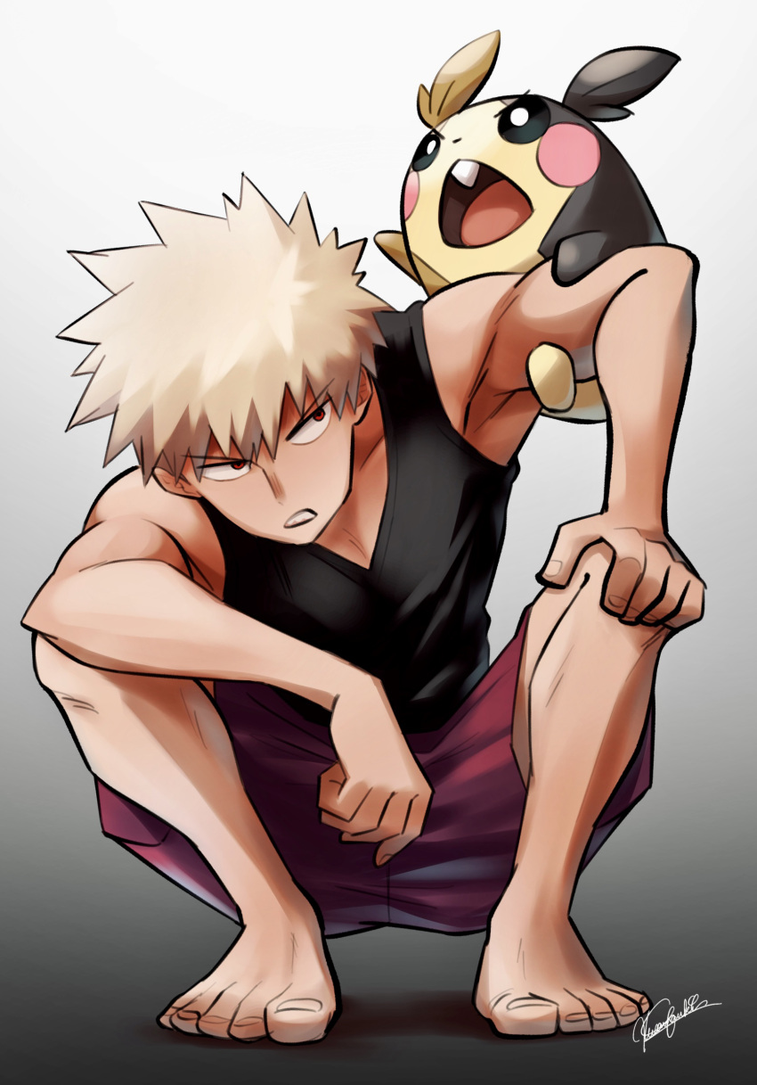 1boy, bakugou_katsuki, bangs, bare_arms, barefoot, black_shirt, blonde_hair, boku_no_hero_academia