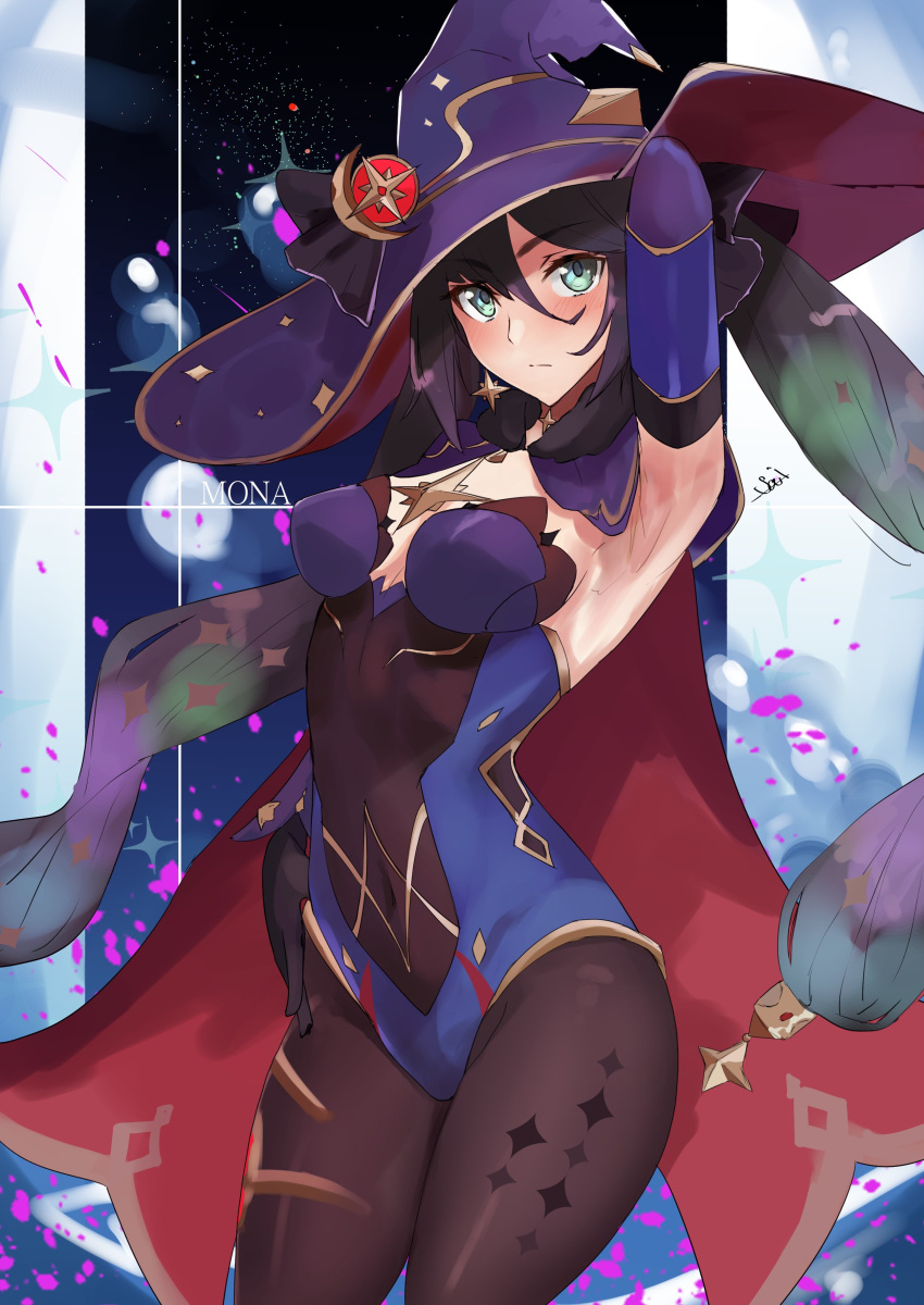 1girl, absurdres, aqua_eyes, arm_up, armpits, aya_roushi, black_legwear, blush