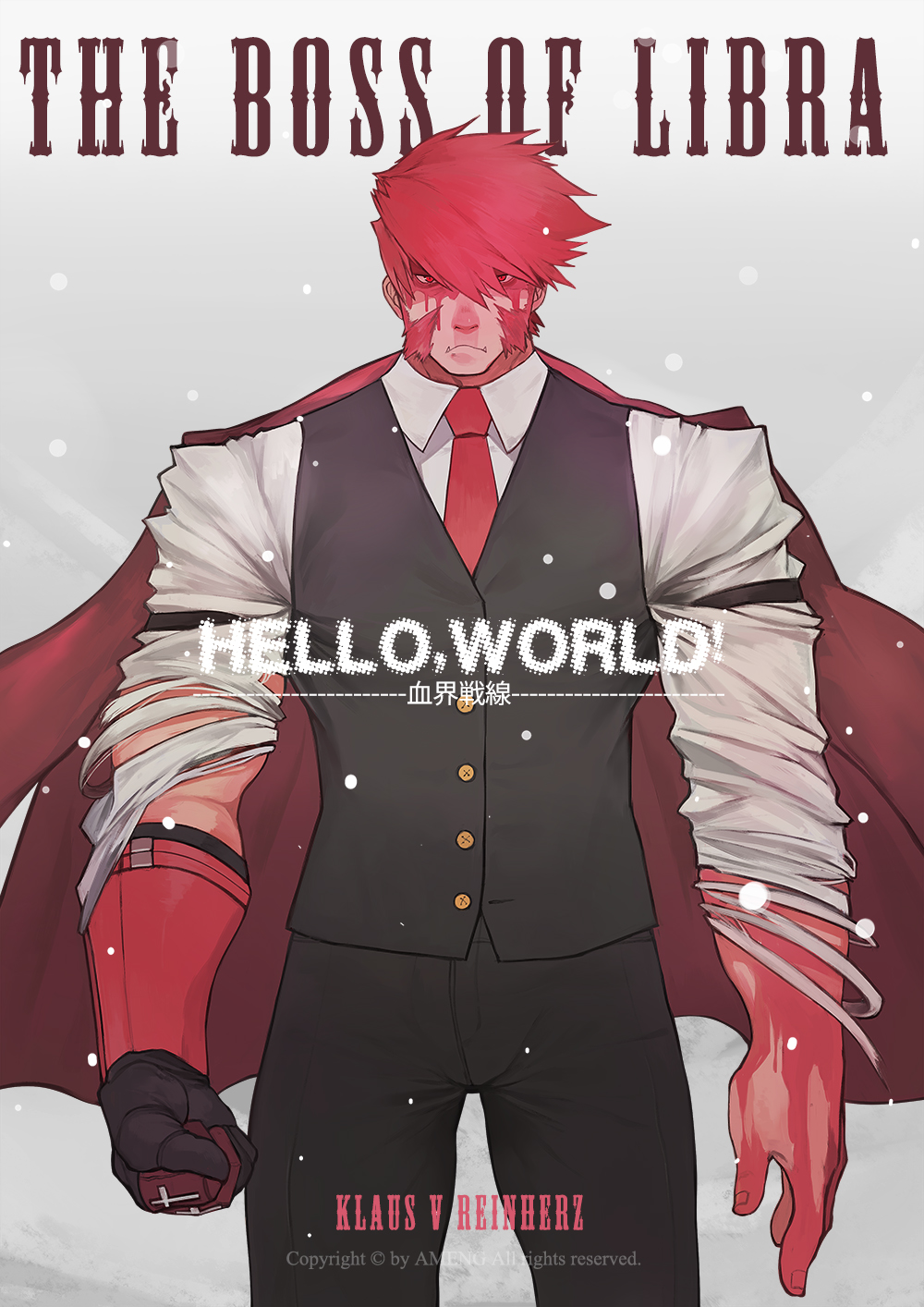1boy, black_pants, black_vest, blood, blood_on_face, english_text, fangs, feet_out_of_frame