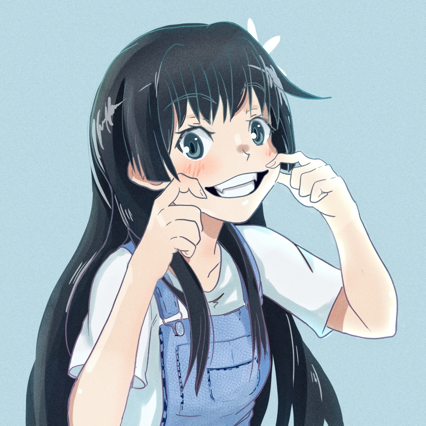 1girl, astuffds, black_hair, blue_background, blue_eyes, blush, cheek_pinching, commentary