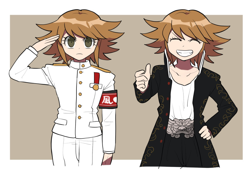 1boy, armband, bangs, black_coat, black_pants, brown_background, brown_hair, closed_eyes, coat, collarbone, commentary, cosplay, cropped_legs, danganronpa:_trigger_happy_havoc, danganronpa_(series), dragon_ornament, facing_viewer, fangs, flipped_hair, fujisaki_chihiro, furukawa_(yomawari), gakuran, grin, hand_on_hip, highres, ishimaru_kiyotaka, ishimaru_kiyotaka_(cosplay), jacket, looking_at_viewer, male_focus, medium_hair, military, military_uniform, multiple_views, oowada_mondo, oowada_mondo_(cosplay), open_clothes, open_coat, pants, red_armband, salute, school_uniform, shirt, sidelocks, smile, thumbs_up, uniform, white_background, white_jacket, white_pants, white_shirt