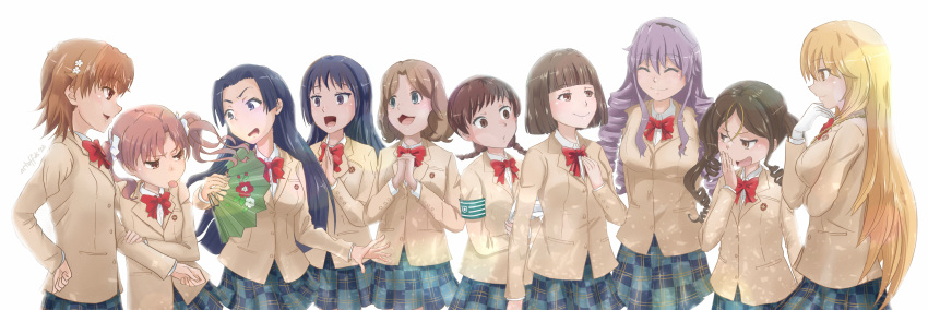 6+girls, :3, :p, absurdres, arm_hug, armband, astuffds, awatsuki_maaya, beige_jacket, black_hair, blonde_hair, bob_cut, bow, bowtie, braid, breasts, brown_eyes, brown_hair, commentary, drill_hair, feet_out_of_frame, folding_fan, gloves, hair_ornament, hairpin, hand_fan, hands_together, highres, hokaze_junko, kobayashi_satori, kongou_mitsuko, large_breasts, long_hair, makigami_komaki, medium_breasts, misaka_mikoto, multiple_girls, open_mouth, plaid, plaid_skirt, pleated_skirt, purple_hair, red_neckwear, sakibasu_yuri, school_uniform, shirai_kuroko, shirt, shokuhou_misaki, short_hair, skirt, small_breasts, smile, toaru_kagaku_no_railgun, toaru_majutsu_no_index, tokiwadai_school_uniform, tongue, tongue_out, twin_braids, twintails, very_long_hair, wannai_kinuho, white_background, white_gloves, white_shirt