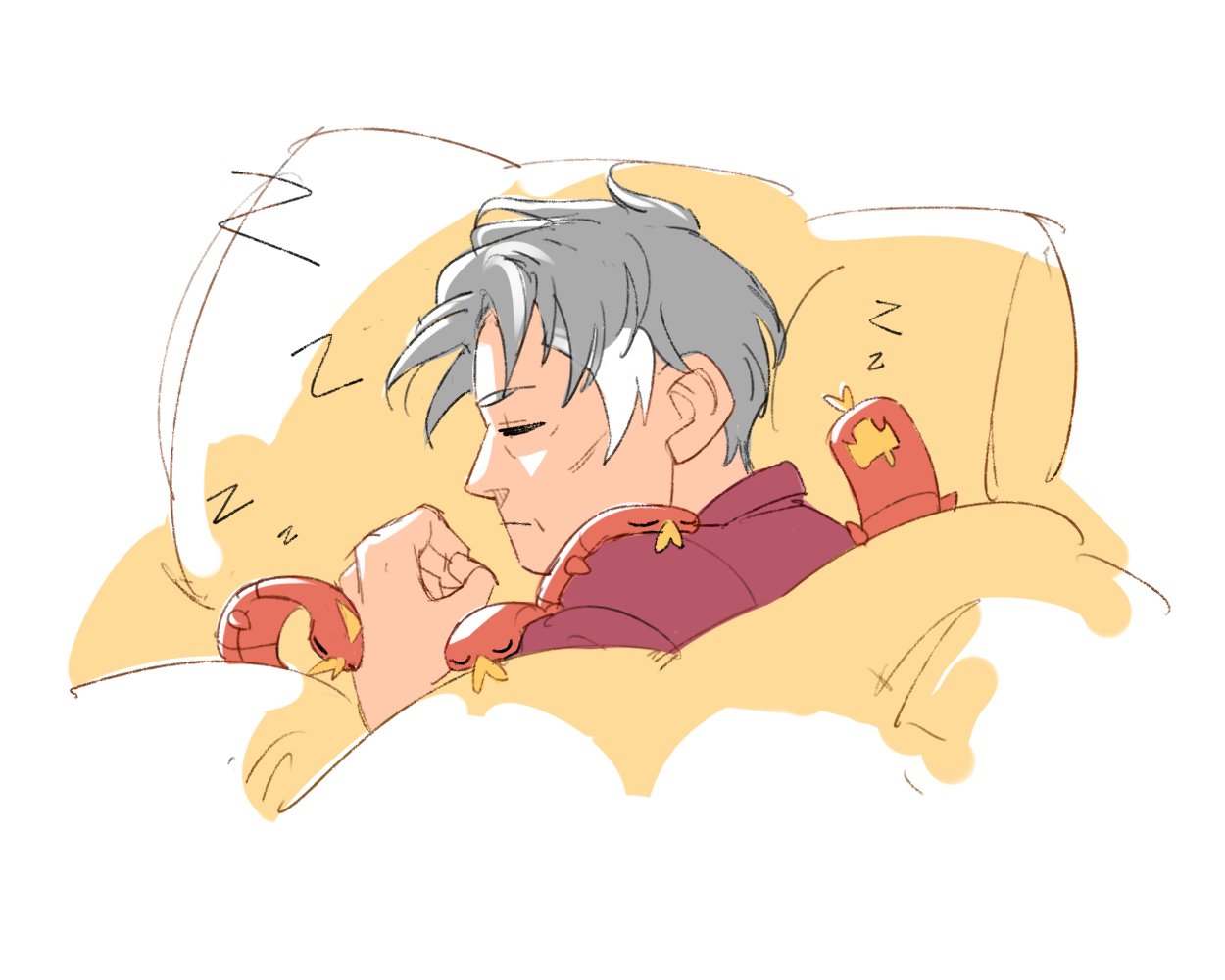 1boy, closed_eyes, closed_mouth, commentary, gen_8_pokemon, grey_hair, hand_up, head_on_pillow