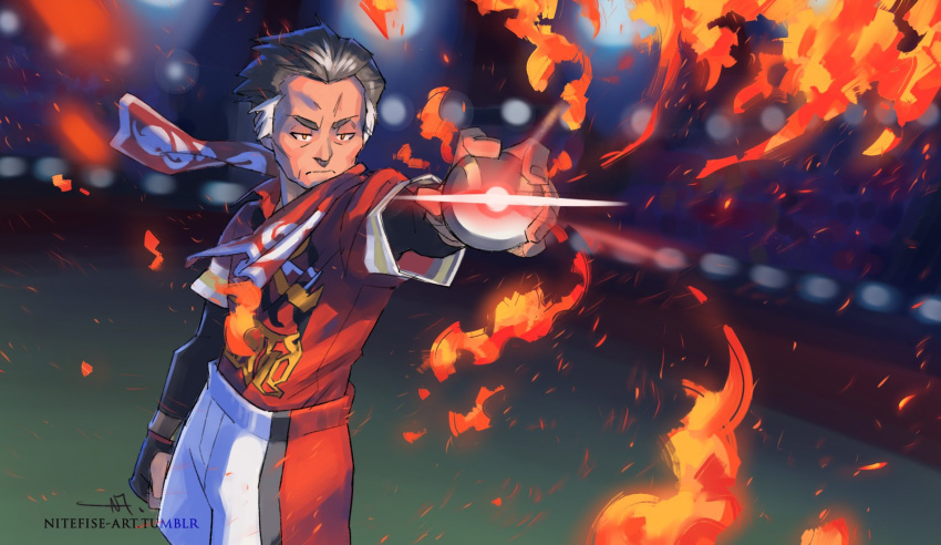 1boy, black_eyes, black_undershirt, closed_mouth, collared_shirt, commentary, fire, gloves