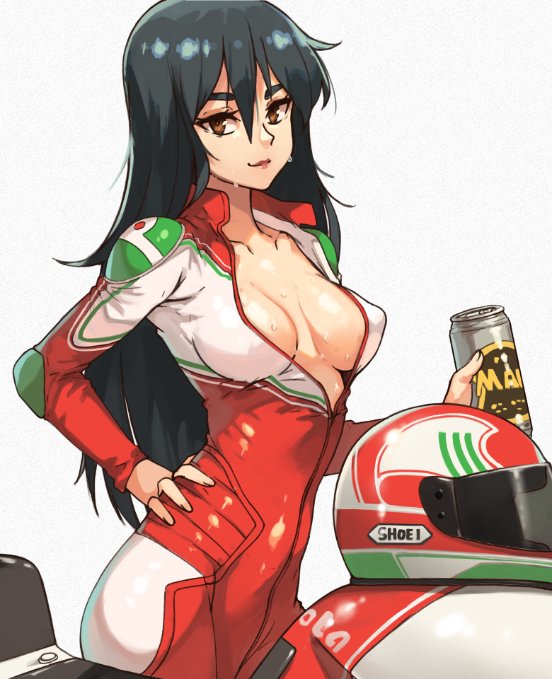 1girl, beer_can, biker_clothes, bikesuit, black_hair, bodysuit, breasts, breasts_apart