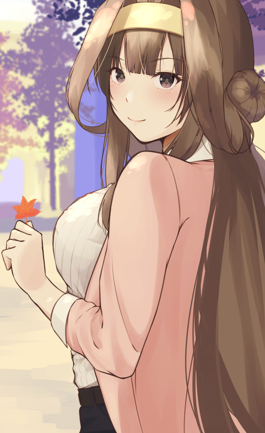 1girl, absurdres, ahoge, breasts, brown_hair, double_bun, hairband, headgear, highres, jacket, kantai_collection, kongou_(kancolle), large_breasts, long_hair, long_sleeves, official_alternate_costume, open_clothes, open_jacket, pink_jacket, remodel_(kantai_collection), smile, solo, urara_(uraom0te), violet_eyes