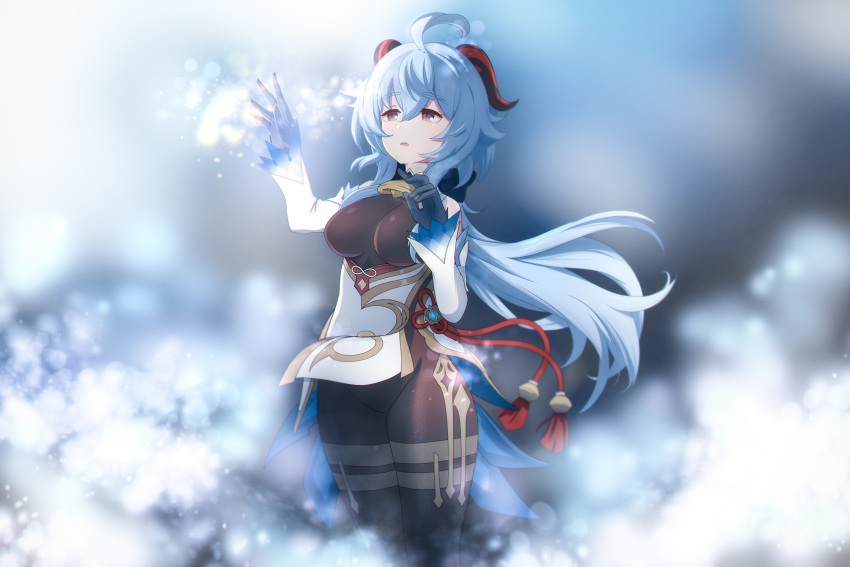 absurdres, ahoge, bangs, bare_shoulders, bell, black_gloves, blue_hair, bodystocking, breasts, detached_sleeves, eyebrows_visible_through_hair, ganyu_(genshin_impact), genshin_impact, gloves, gold_trim, highres, horns, large_breasts, long_hair, looking_at_viewer, neck_bell, open_mouth, rinine, standing, very_long_hair, violet_eyes, vision_(genshin_impact), white_sleeves