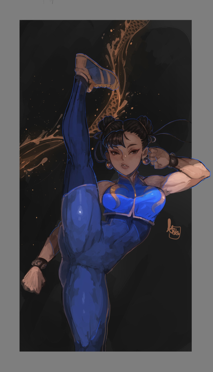 1girl, absurdres, bracelet, brown_eyes, brown_hair, chun-li, crop_top, double_bun, earrings, hair_pulled_back, highres, jewelry, keziedra, leg_up, shoes, sneakers, standing, standing_on_one_leg, street_fighter, street_fighter_zero_(series), toned, unitard, vest