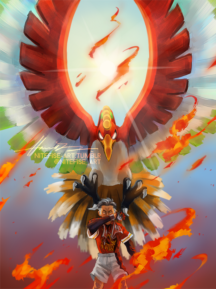 1boy, black_eyes, collared_shirt, commentary, dynamax_band, english_commentary, fire, gen_2_pokemon