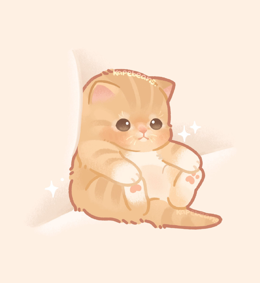 animal, animal_focus, artist_name, brown_eyes, cat, commentary, derivative_work, full_body, highres, kapebeansies, no_humans, original, pawpads, photo-referenced, sitting, solo, sparkle, stretch, symbol-only_commentary, touching_toes