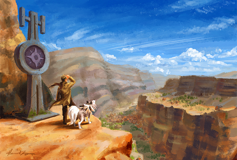 1boy, brown_pants, canyon, clouds, coat, commentary, day, english_commentary