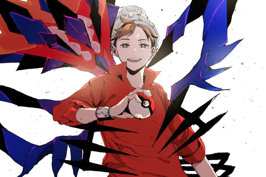 1boy, anna_(anna962), bangs, beanie, brown_eyes, brown_hair, cable_knit, commentary_request, dynamax_band, eternatus, gen_8_pokemon, grey_headwear, hat, holding, holding_poke_ball, legendary_pokemon, male_focus, open_mouth, poke_ball, poke_ball_(basic), pokemon, pokemon_(creature), pokemon_(game), pokemon_swsh, red_shirt, shirt, short_hair, smile, tongue, upper_teeth, victor_(pokemon)