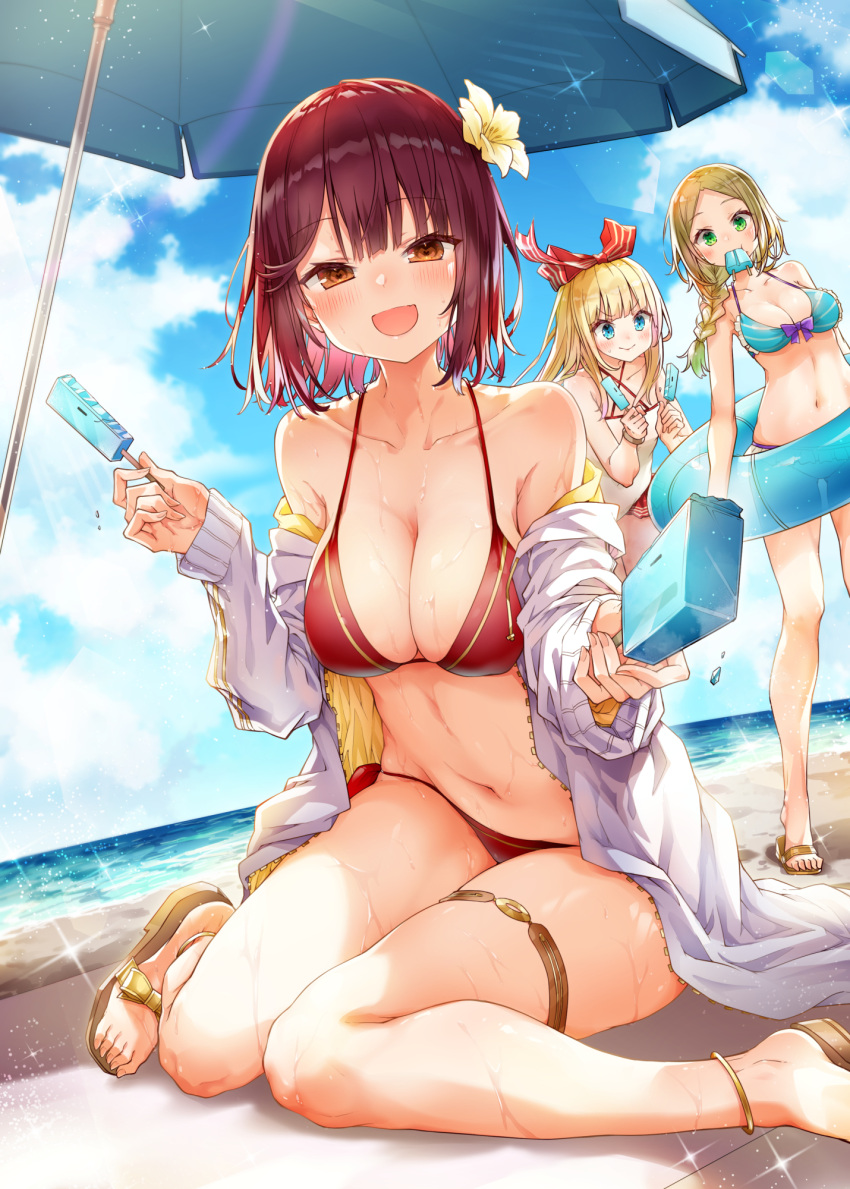 3girls, alt_(ctrldel), anklet, atelier_(series), atelier_firis, atelier_sophie, bangs, beach, bikini, blonde_hair, blue_bikini, blue_eyes, blush, bow, braid, breasts, brown_eyes, clouds, cloudy_sky, collarbone, commentary_request, day, eyebrows_visible_through_hair, firis_mistlud, flat_chest, flower, food, food_in_mouth, green_eyes, hair_between_eyes, hair_bow, hair_flower, hair_ornament, highres, holding, holding_food, ilmeria_von_leinweber, innertube, jacket, jewelry, large_breasts, light_particles, long_hair, looking_at_viewer, medium_breasts, multiple_girls, navel, ocean, off_shoulder, one-piece_swimsuit, open_clothes, open_jacket, open_mouth, outdoors, parasol, parted_bangs, popsicle, red_bikini, redhead, sandals, short_hair, sidelocks, single_braid, sitting, sky, smile, sophie_neuenmuller, swimsuit, thigh_strap, umbrella, wariza, white_jacket, white_swimsuit