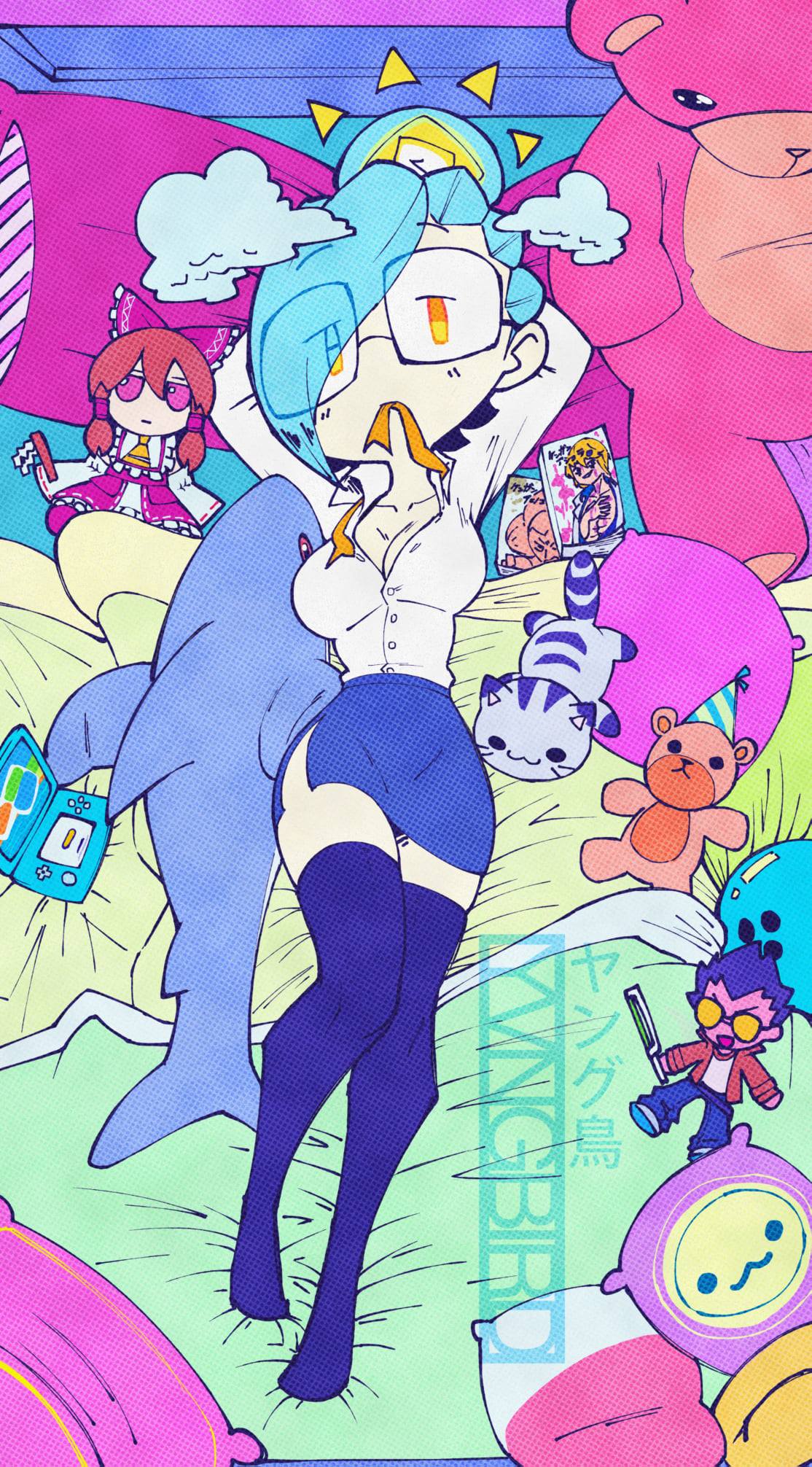 1girl, blue_hair, cat, clown, dolphin, full_body, fumo_(doll), glasses