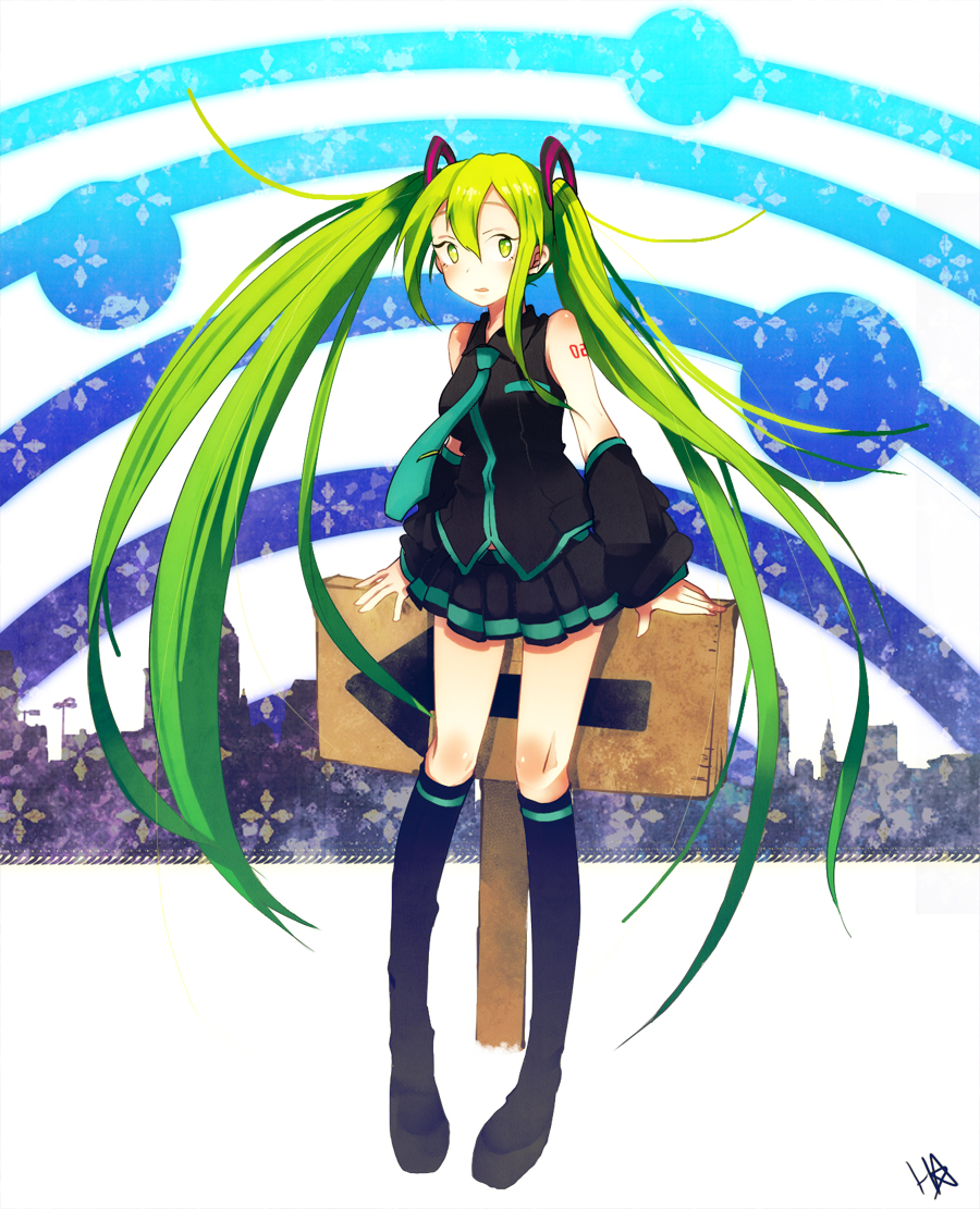 detached_sleeves, green_eyes, green_hair, hatsune_miku, kneehighs, legs, long_hair, necktie, pengin_(pixiv528818), sign, skirt, socks, twintails, very_long_hair, vocaloid