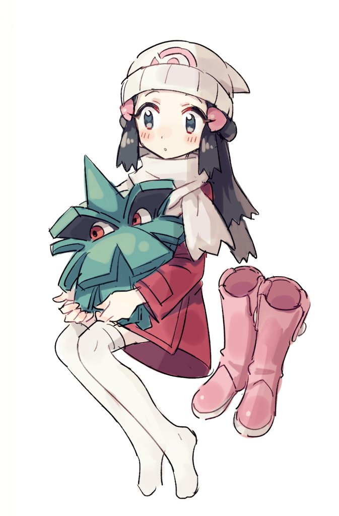 1girl, beanie, black_hair, blush, boots, boots_removed, coat, commentary_request, hikari_(pokemon), eyelashes, gen_2_pokemon, grey_eyes, hair_ornament, hairclip, hat, holding, holding_pokemon, long_hair, long_sleeves, noii, pineco, pink_footwear, pokemon, pokemon_(creature), pokemon_(game), pokemon_dppt, pokemon_platinum, red_coat, scarf, thigh-highs, white_background, white_headwear, white_legwear, white_scarf