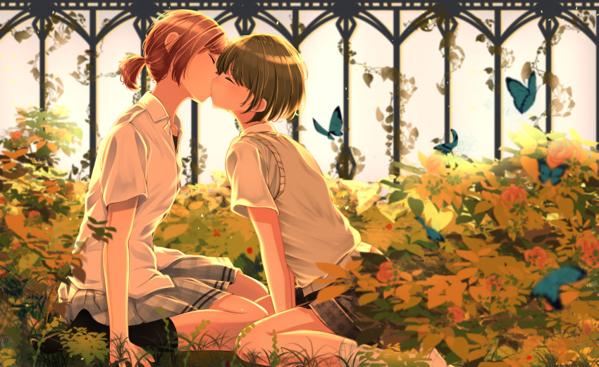 2girls, absurdres, alternate_hairstyle, bug, butterfly, closed_eyes, fence, highres