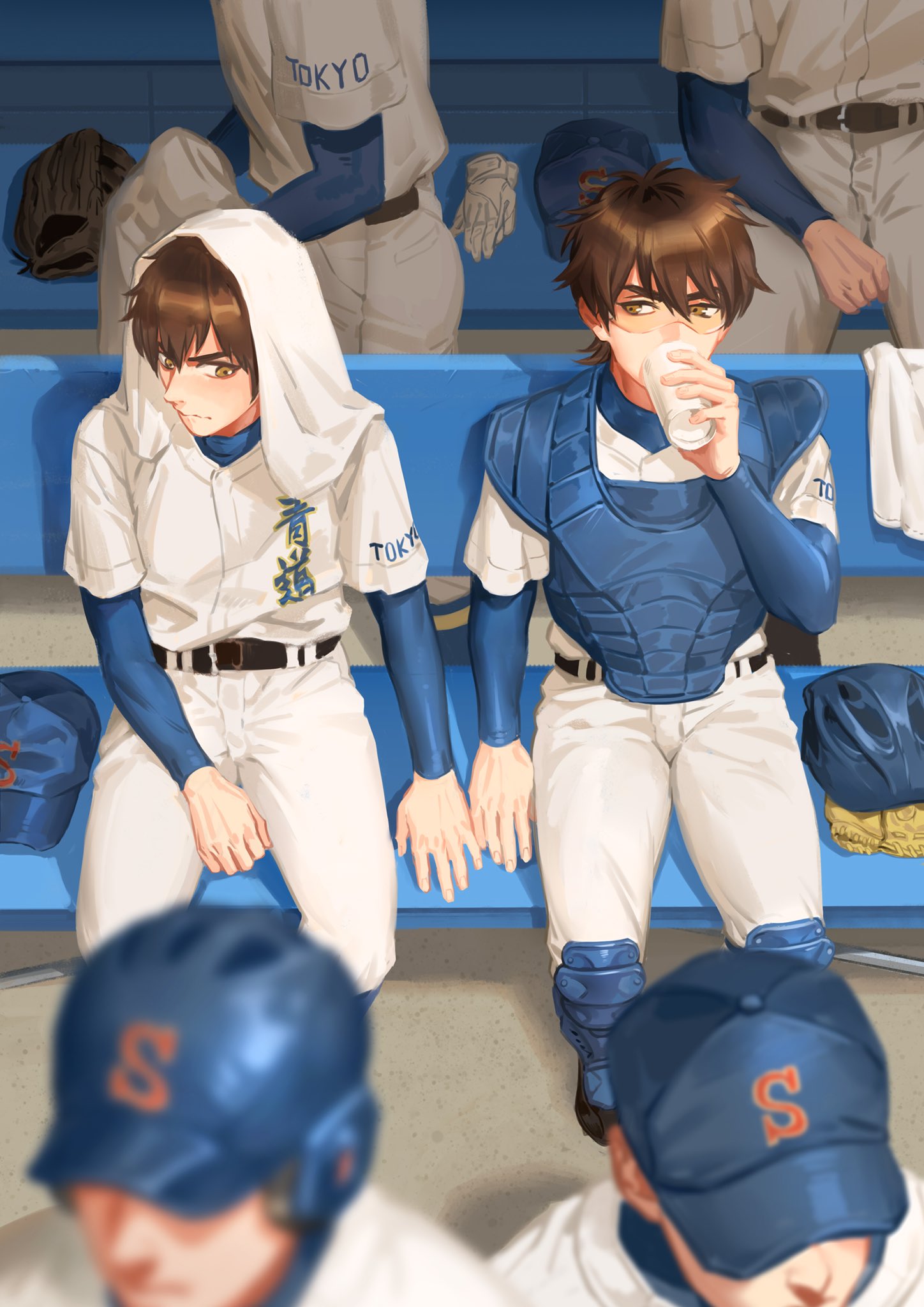 2boys, ace_of_diamond, baseball_cap, baseball_helmet, baseball_jersey, baseball_mitt, baseball_uniform, belt
