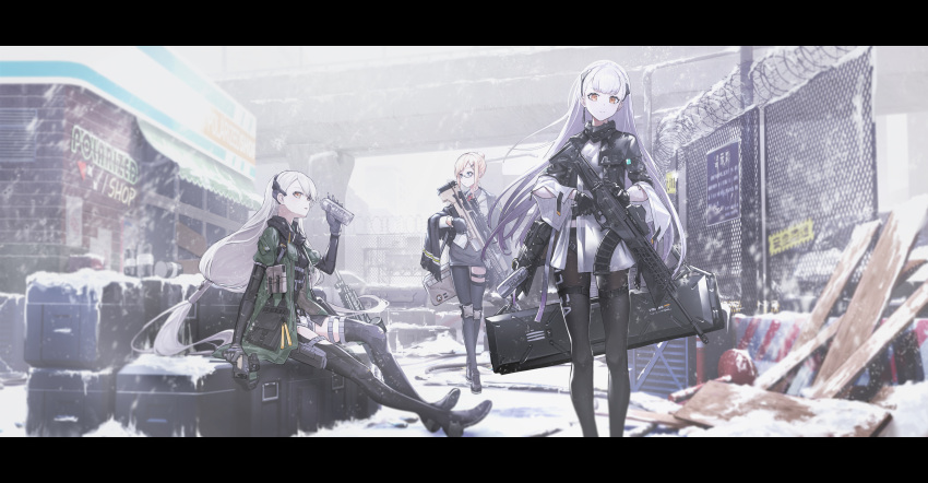 3girls, absurdres, assault_rifle, black_legwear, blonde_pubic_hair, blue_eyes, box, cup