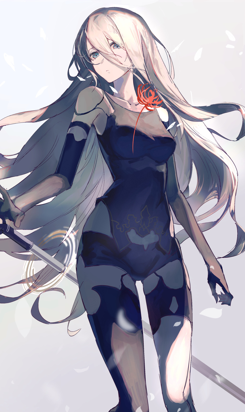 1girl, absurdres, android, aqua_eyes, armlet, bare_shoulders, black_gloves, black_legwear, black_shorts, black_tank_top, breasts, closed_mouth, collarbone, elbow_gloves, eyes_visible_through_hair, gloves, highres, joints, kyara-suro, long_hair, nier_(series), nier_automata, petals, robot_joints, shorts, simple_background, single_thighhigh, solo, tank_top, thigh-highs, very_long_hair, weapon, white_hair, yorha_type_a_no._2