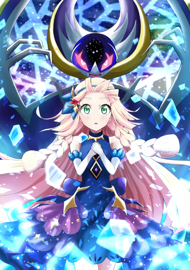 1girl, bangs, blonde_hair, blue_dress, blunt_bangs, braid, dress, gen_7_pokemon