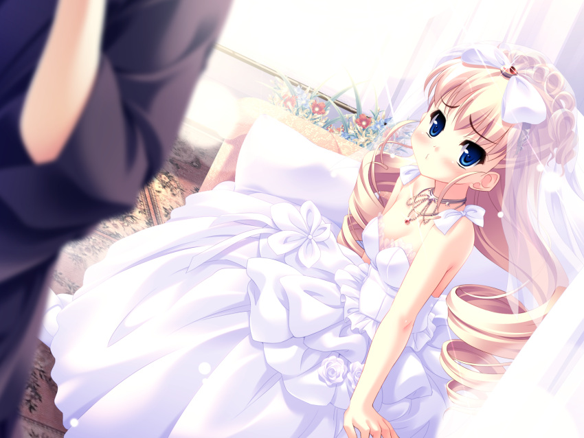 bed, blonde_hair, blue_eyes, blush, bow, bride, choker, couple