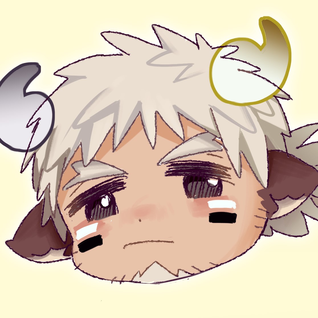 1boy, alternate_hair_color, animal_ears, badai, blush, chibi, cow_boy, cow_ears