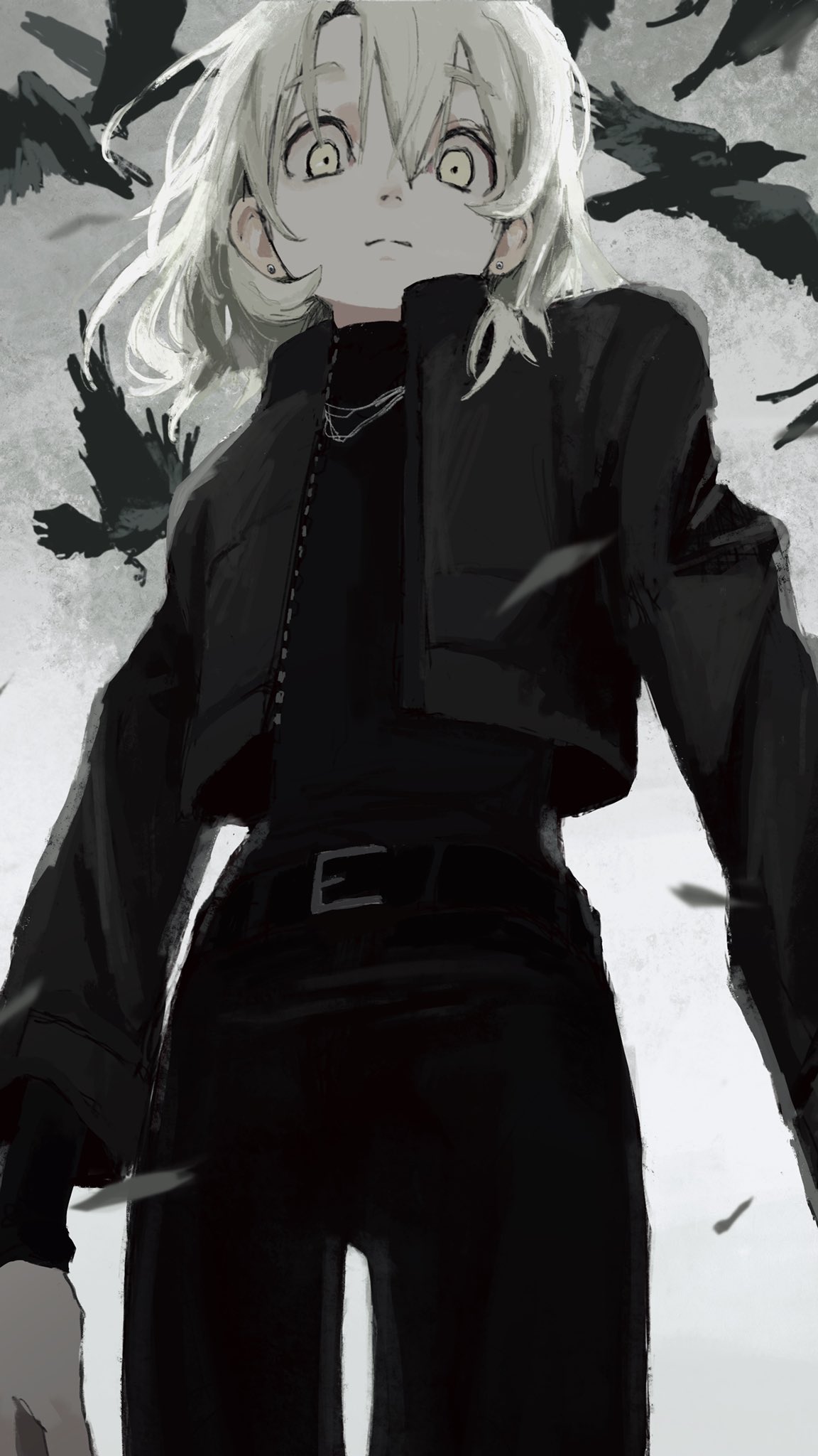1other, bangs, belt, bird, black_belt, black_jacket, black_pants, black_sweater
