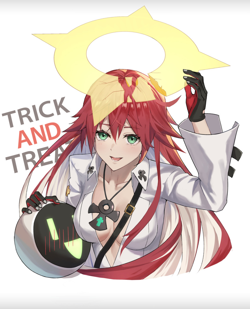 1girl, ankh, ankh_necklace, between_breasts, blush, bodysuit, breasts, breasts_apart