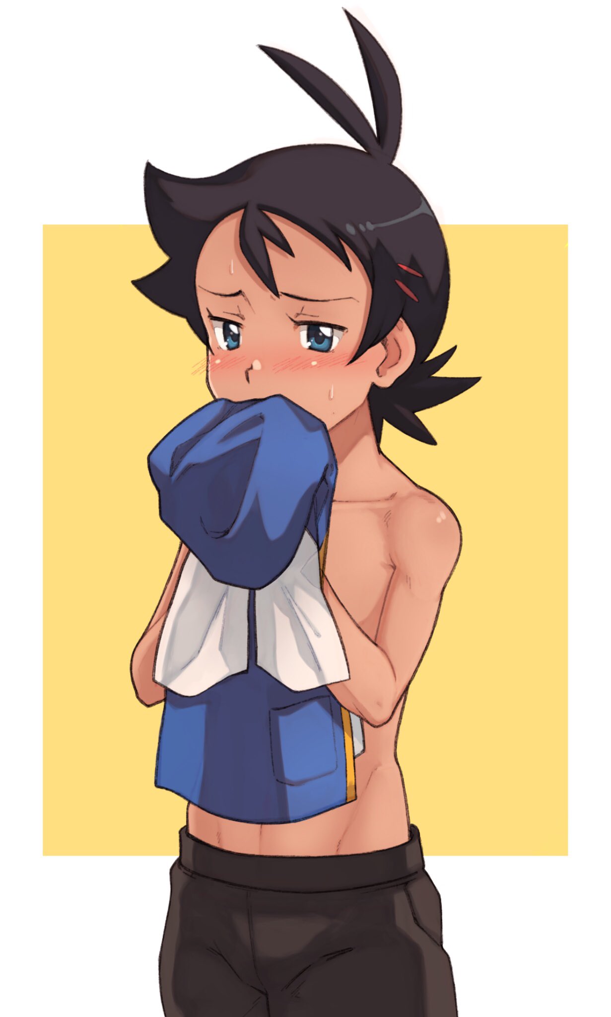 1boy, antenna_hair, ash_ketchum, bangs, black_hair, blue_eyes, blush, brown_pants