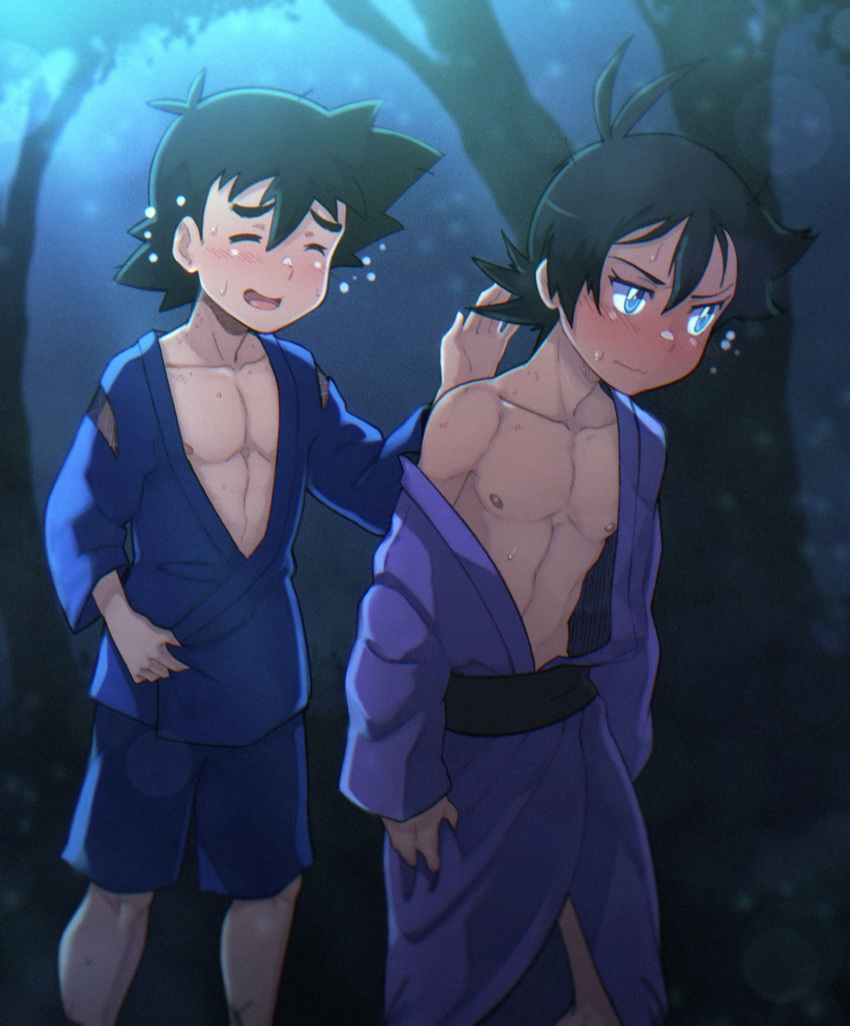 2boys, alternate_costume, antenna_hair, ash_ketchum, bangs, black_hair, blue_eyes, blue_jacket
