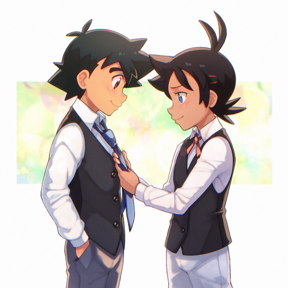 2boys, adjusting_neckwear, alternate_costume, ash_ketchum, bangs, black_hair, black_vest, blue_eyes