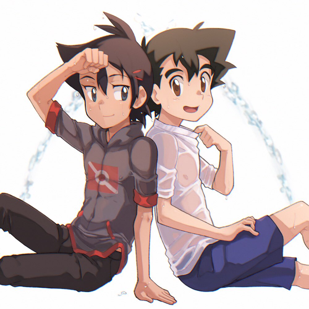 2boys, arm_support, ash_ketchum, back-to-back, bangs, brown_eyes, brown_hair, brown_pants