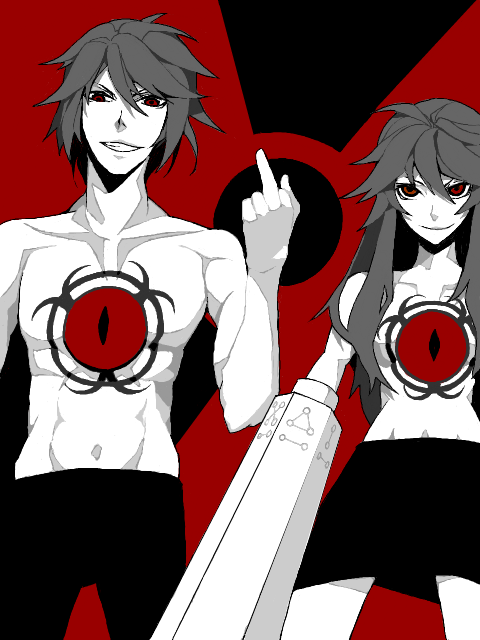 1girl, ann606, arm_cannon, dual_persona, genderswap, grin, hair_over_breasts, middle_finger