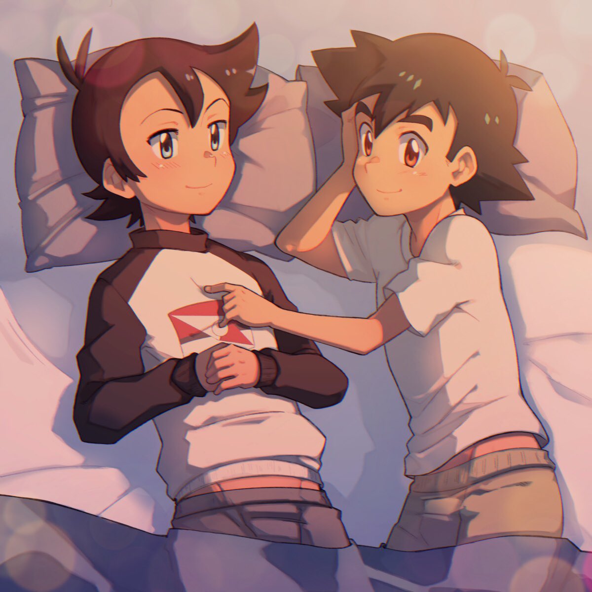 2boys, ash_ketchum, bangs, blue_eyes, blush, brown_hair, closed_mouth, commentary