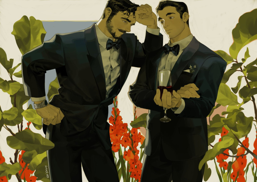 2boys, beard, black_hair, bow, bowtie, couple, cup, facial_hair, feet_out_of_frame, flower, flower_request, formal, holding, holding_cup, husband_and_husband, looking_at_another, male_focus, mature_male, mr_kasuy, multiple_boys, original, plant, short_hair, sideburns, undershirt, watch, watch