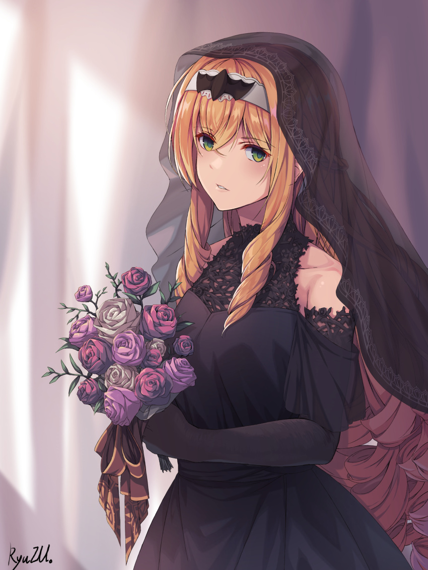 1girl, absurdres, artist_name, bangs, bat_hair_ornament, black_dress, black_gloves, blonde_hair, bouquet, braid, clothing_cutout, dress, elbow_gloves, epic_seven, eyebrows_visible_through_hair, flower, gloves, green_eyes, grey_background, hair_between_eyes, hair_ornament, hairband, highres, holding, holding_bouquet, lidica_(epic_seven), long_hair, looking_at_viewer, parted_lips, pink_flower, pink_rose, red_flower, red_rose, rose, ryuzu_(wjdgusals01), shiny, shiny_hair, short_sleeves, shoulder_cutout, signature, solo, standing, twin_braids, white_flower, white_hairband, white_rose