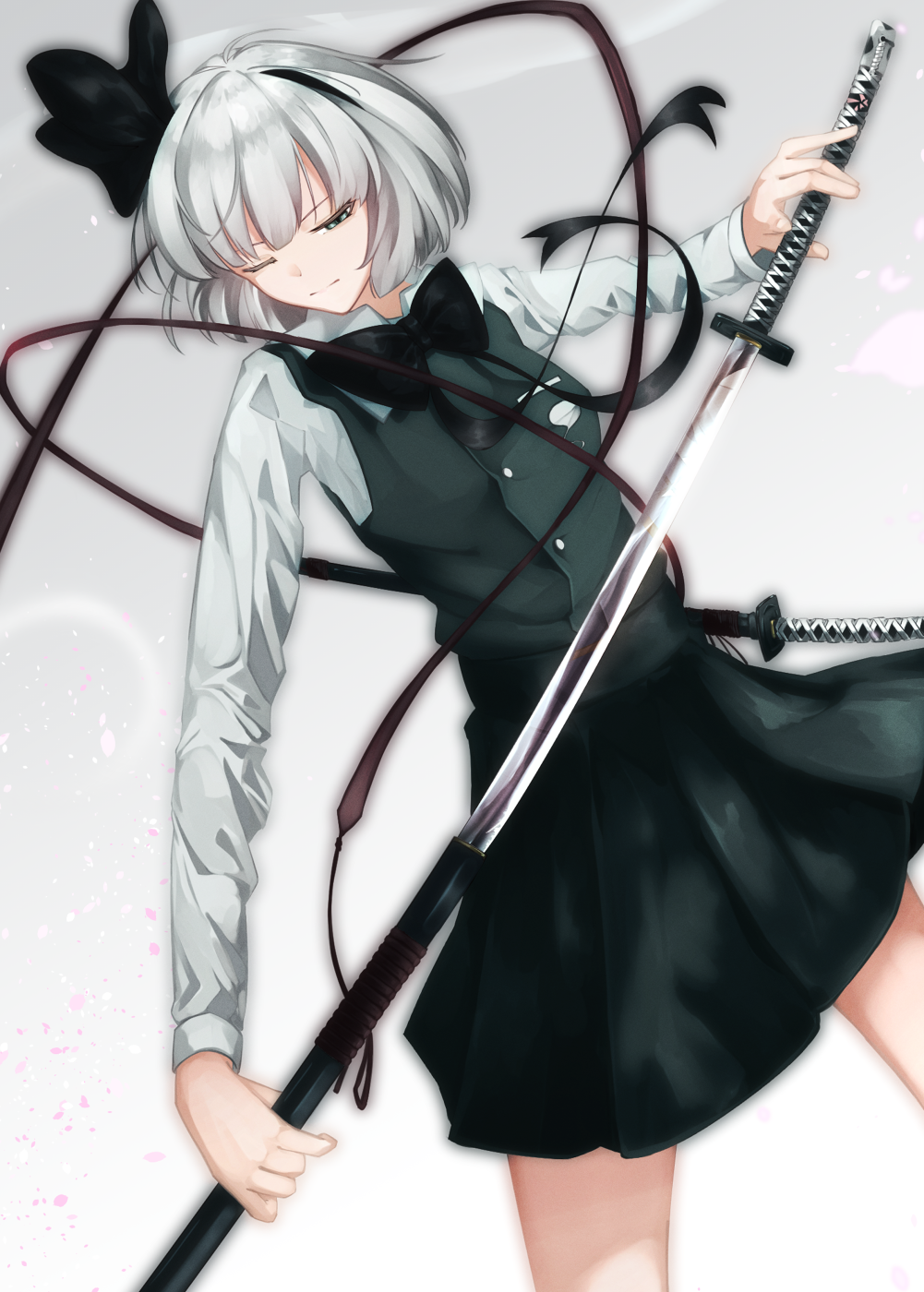 1girl, bangs, black_bow, black_hairband, black_neckwear, bow, bowtie, breasts