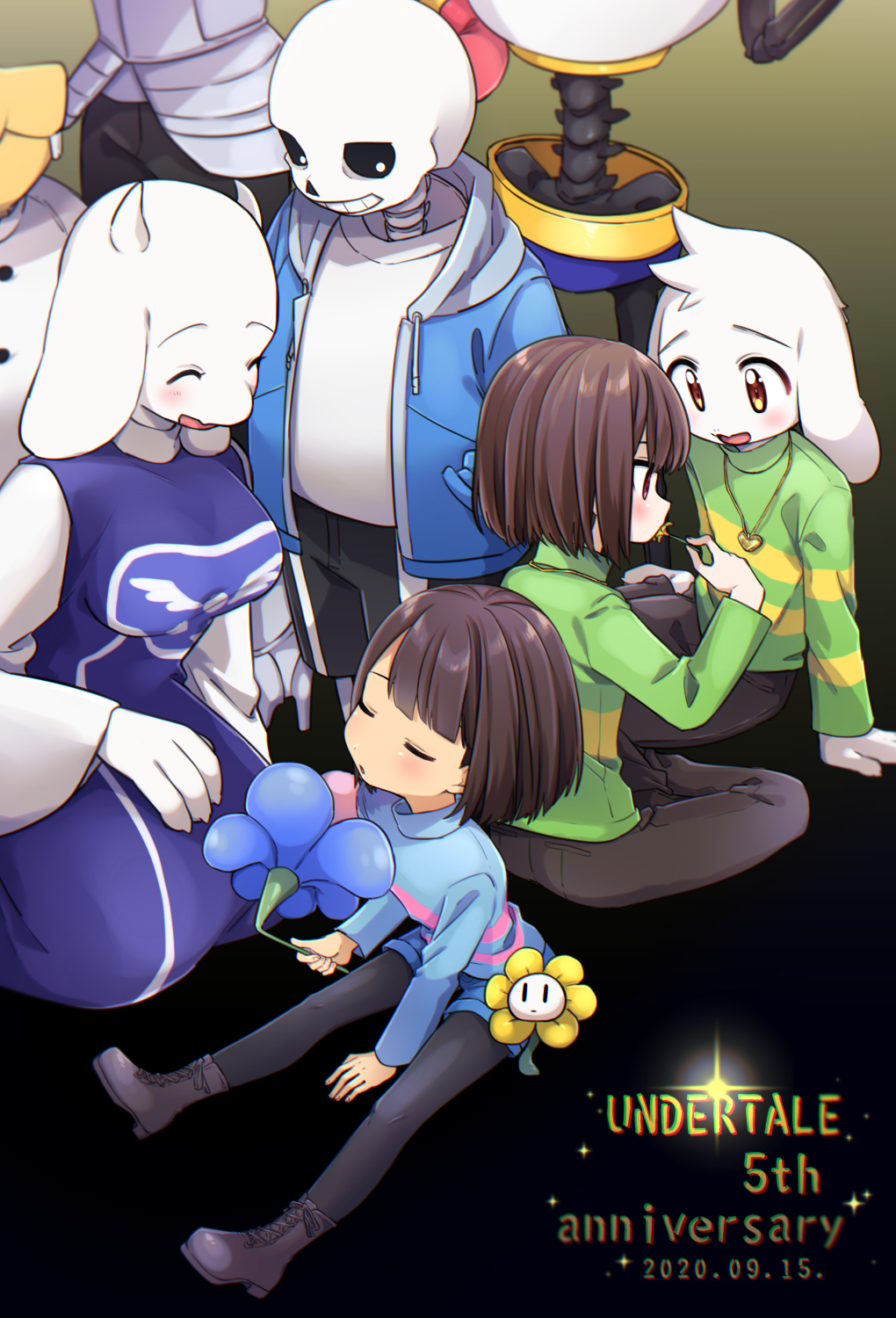 2others, 3girls, 4boys, :o, :|, alphys, animal_ears, anniversary