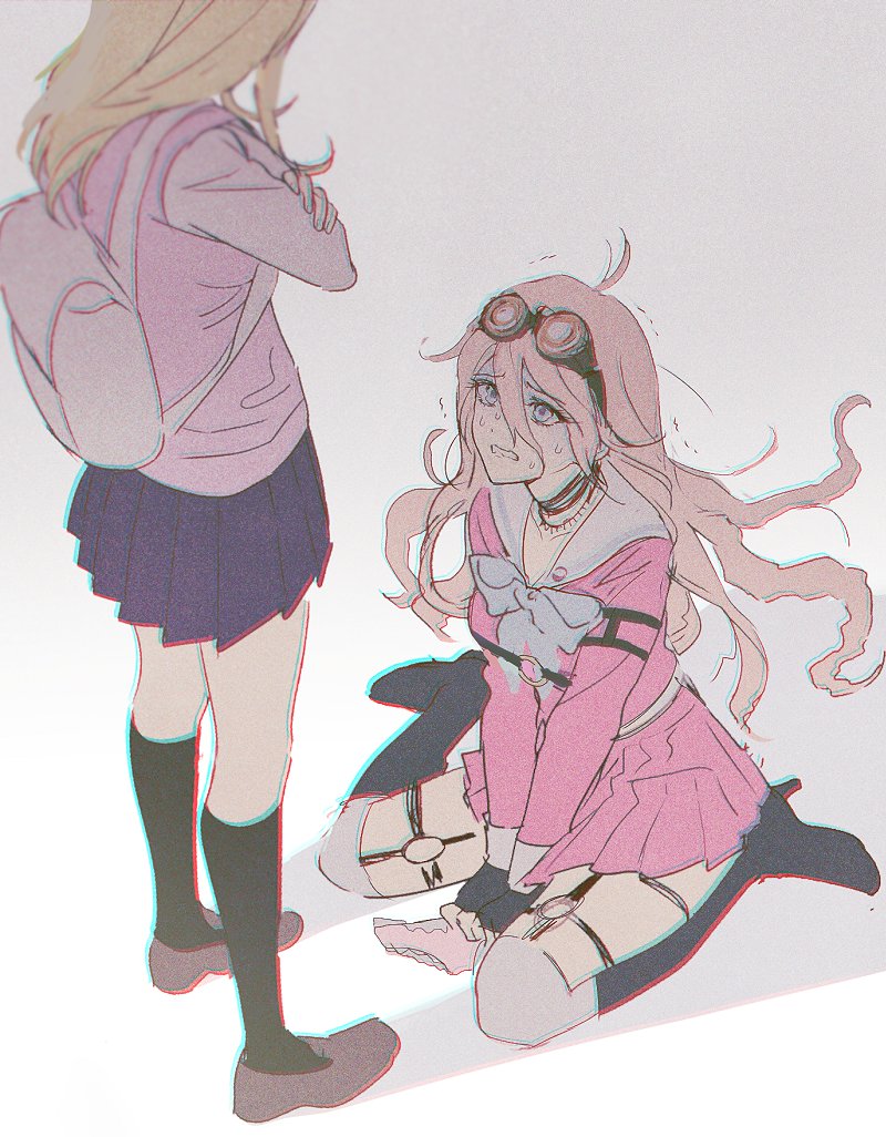 1girl, ahoge, akamatsu_kaede, bangs, black_footwear, black_legwear, blonde_hair, blue_eyes