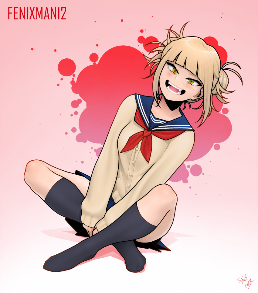 1girl, absurdres, artist_name, bangs, black_legwear, blonde_hair, blood, blood_splatter