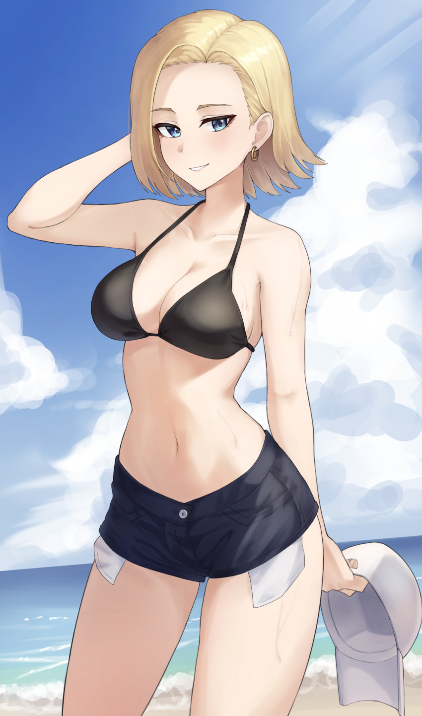 1girl, absurdres, android_18, angdo_(kakajo26), bangs, bare_arms, bare_shoulders, beach