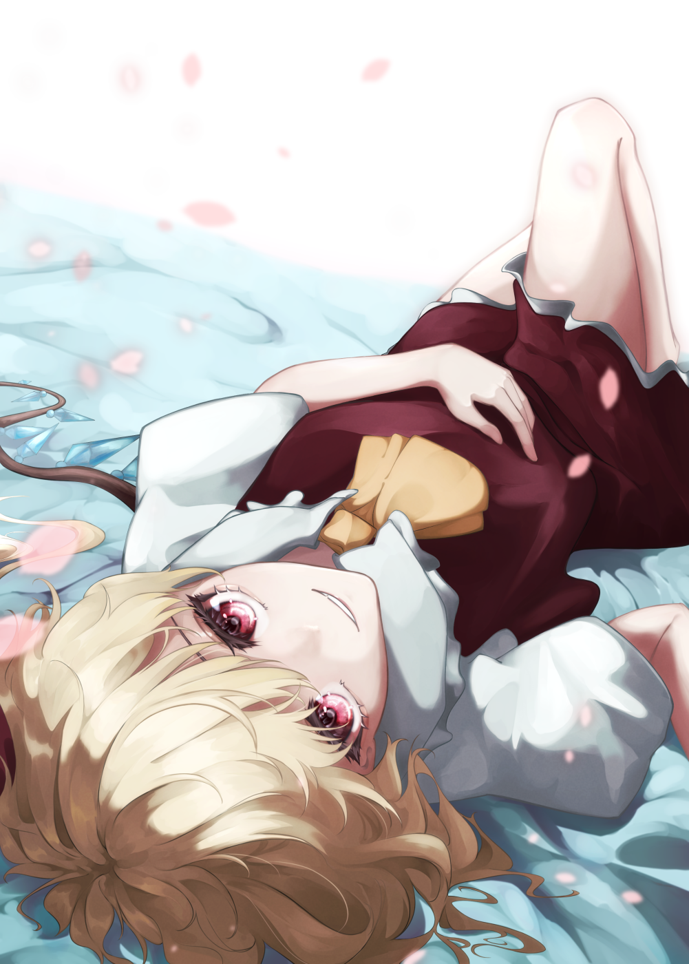 1girl, ascot, bangs, bed, blonde_hair, breasts, closed_mouth, collar