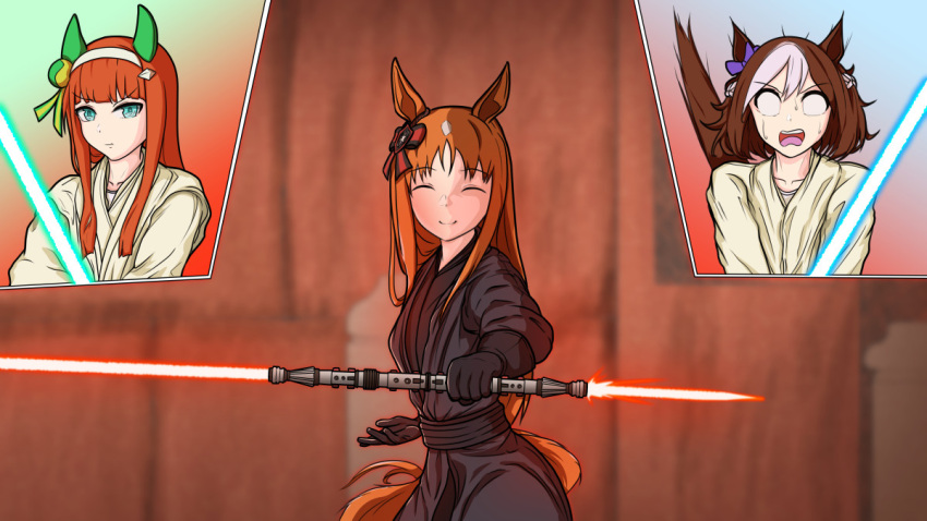 3girls, animal_ears, aqua_eyes, bangs, beckoning, black_gloves, black_robe, blunt_bangs