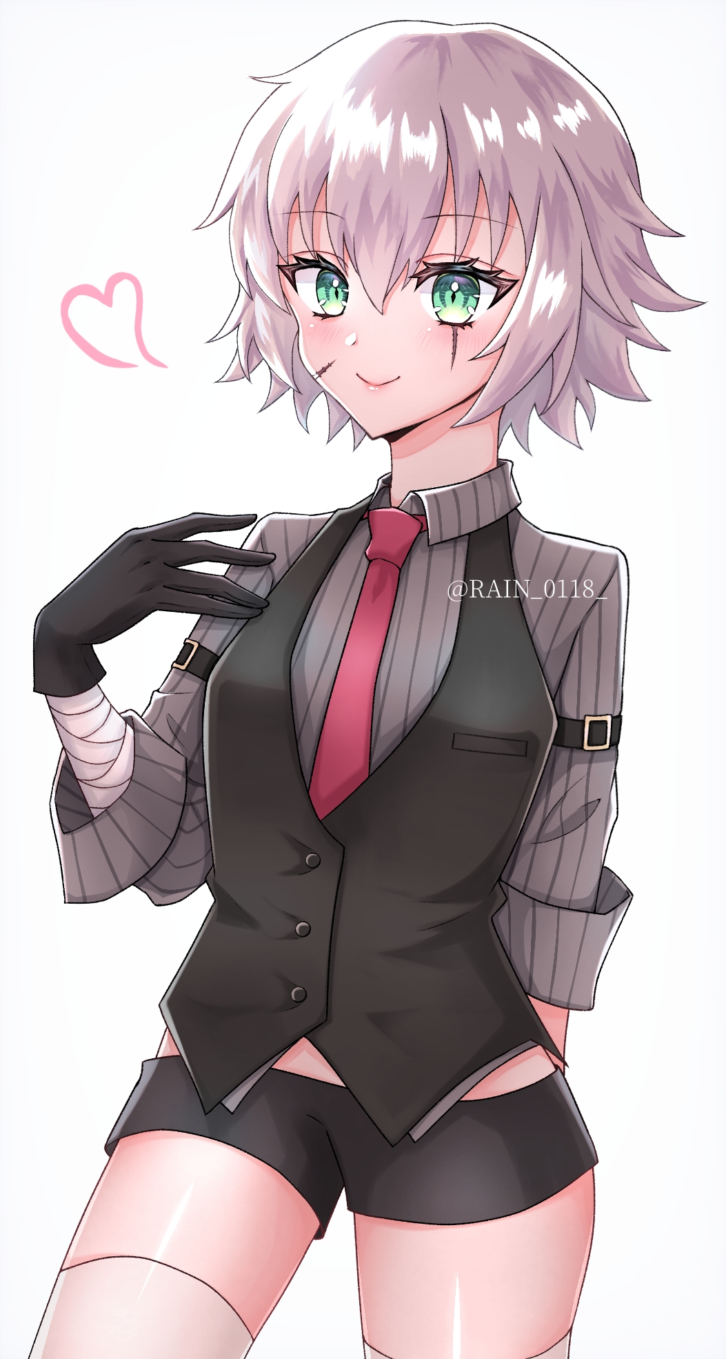 1girl, bandaged_arm, bandages, bangs, black_gloves, black_shorts, black_vest, blush, breasts, collared_shirt, dress_shirt, fate/apocrypha, fate_(series), gloves, green_eyes, grey_shirt, hair_between_eyes, highres, jack_the_ripper_(fate/apocrypha), looking_at_viewer, necktie, rain_(roromi), scar, scar_across_eye, scar_on_cheek, scar_on_face, shirt, short_hair, short_shorts, shorts, small_breasts, smile, solo, thighs, vest, white_hair