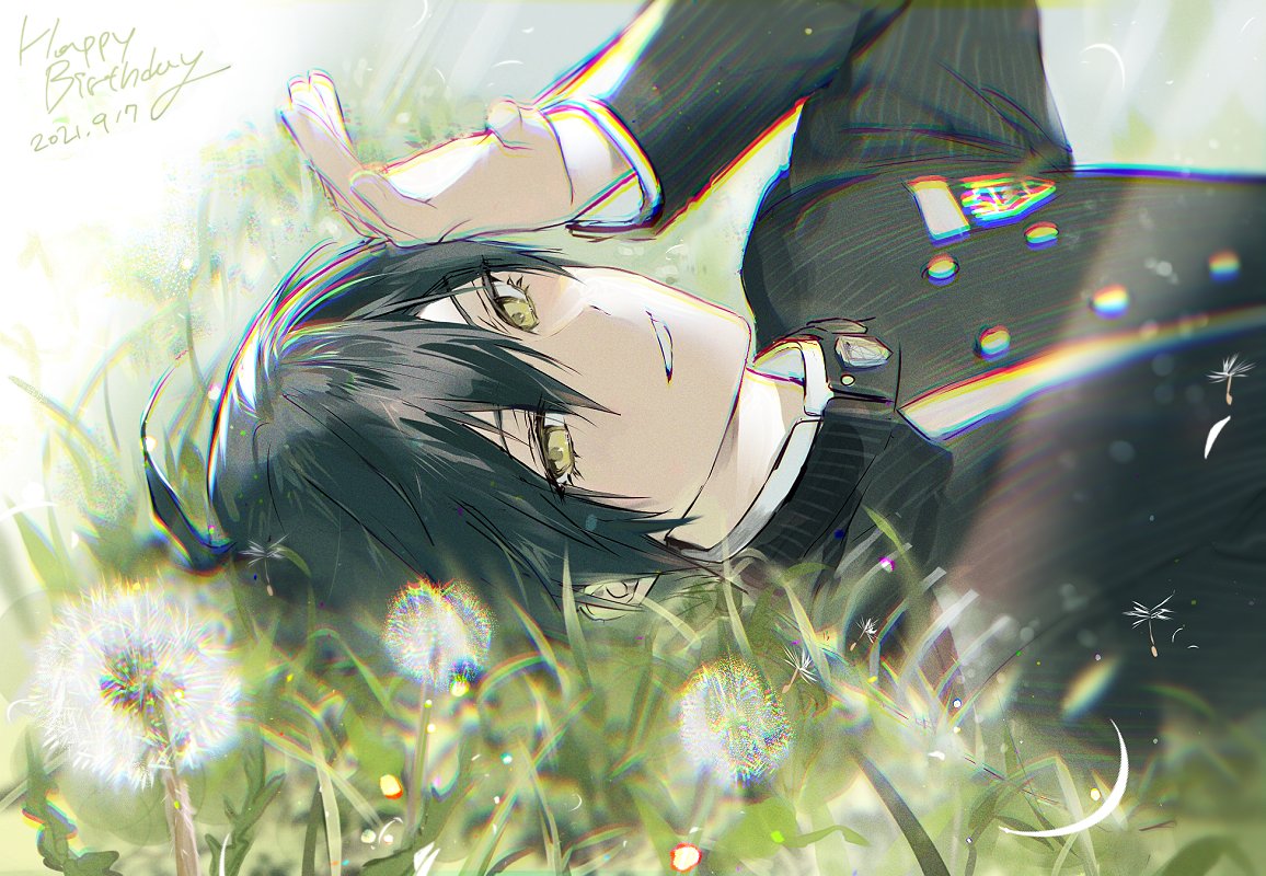 1boy, ahoge, bangs, black_hair, black_jacket, blush, brown_eyes, buttons