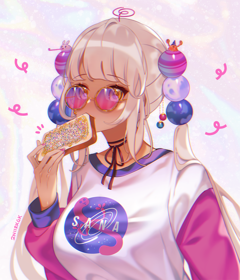 1girl, 2nii, alternate_costume, black_choker, breasts, choker, commentary, dark-skinned_female, dark_skin, eating, english_commentary, fingernails, food, food_in_mouth, hair_bobbles, hair_ornament, hololive, hololive_english, large_breasts, limiter_(tsukumo_sana), logo, long_hair, long_sleeves, looking_at_viewer, mouth_hold, nail_polish, pink-tinted_eyewear, pink_nails, planet_hair_ornament, raglan_sleeves, ribbon_choker, round_eyewear, sidelocks, signature, silver_hair, solo, sunglasses, tinted_eyewear, toast, toast_in_mouth, tsukumo_sana, twintails, upper_body, very_long_hair, virtual_youtuber, yellow_eyes