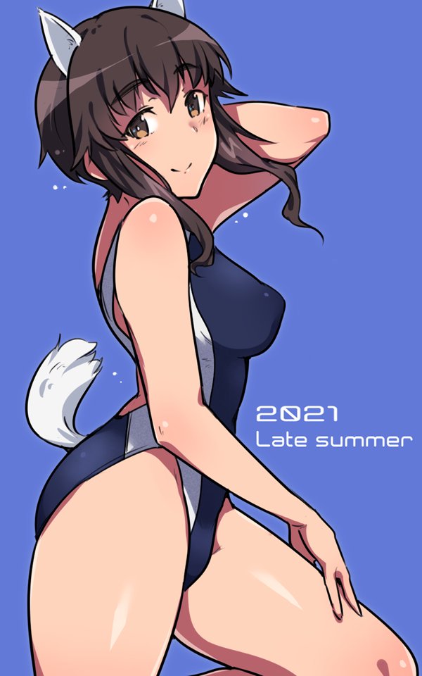 1girl, animal_ears, blue_background, blush, breasts, brown_eyes, brown_hair, dog_ears