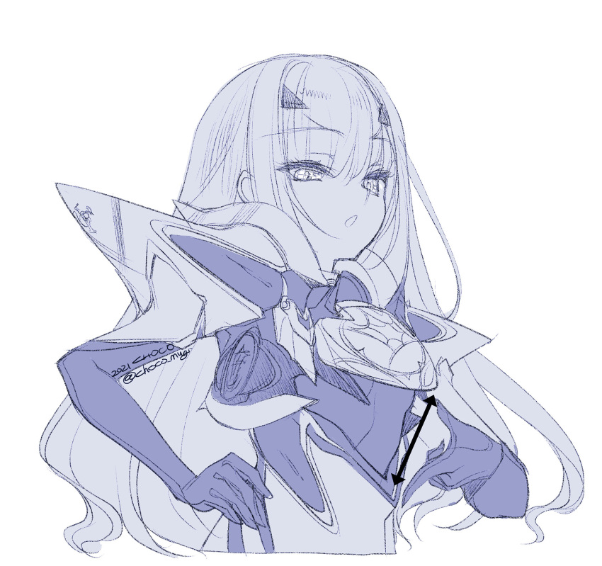 1girl, armor, armored_dress, arrow_(symbol), bangs, blue_theme, breastplate, breasts, choco_(chocolate_shop), dress, fairy_knight_lancelot_(fate), fate/grand_order, fate_(series), highres, long_hair, looking_at_viewer, monochrome, open_mouth, pauldrons, short_dress, shoulder_armor, sidelocks, sketch, small_breasts, solo