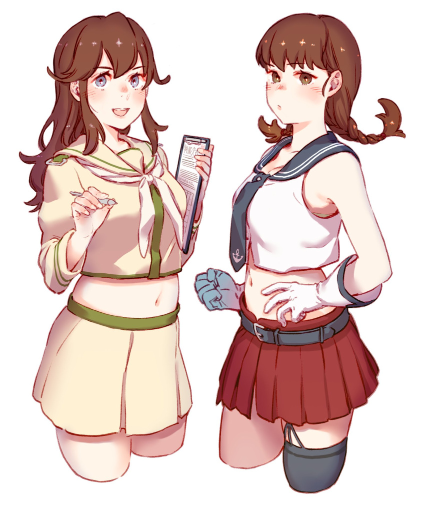 2girls, alternate_hairstyle, asymmetrical_legwear, bangs, beige_serafuku, beige_skirt, belt, black_neckwear